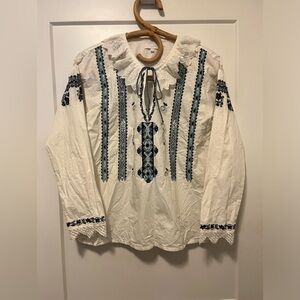 Anthropologie White and Blue Embroidered Top